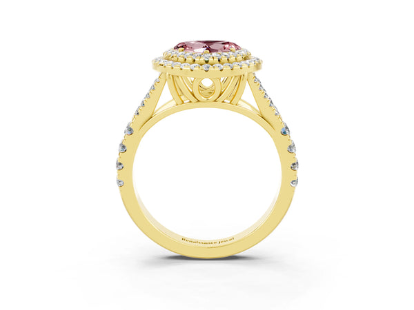 Yellow gold Double Halo Heart Cut Morganite Split Shank Engagement Ring with Four-Prong Setting