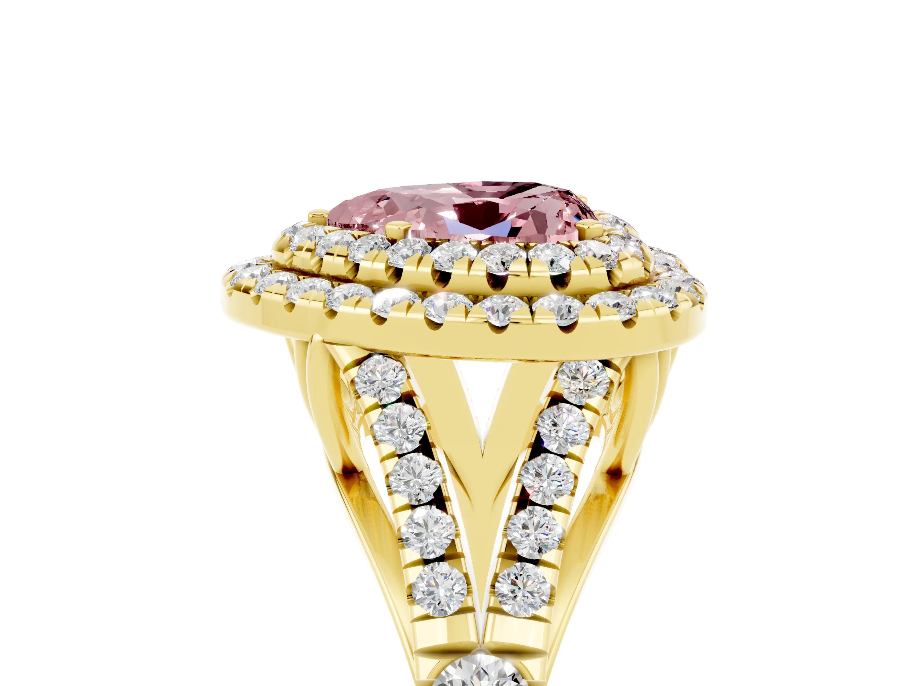 Yellow gold Double Halo Heart Cut Morganite Split Shank Engagement Ring with Four-Prong Setting_5