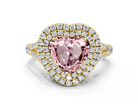 Yellow gold Double Halo Heart Cut Morganite Split Shank Engagement Ring with Four-Prong Setting