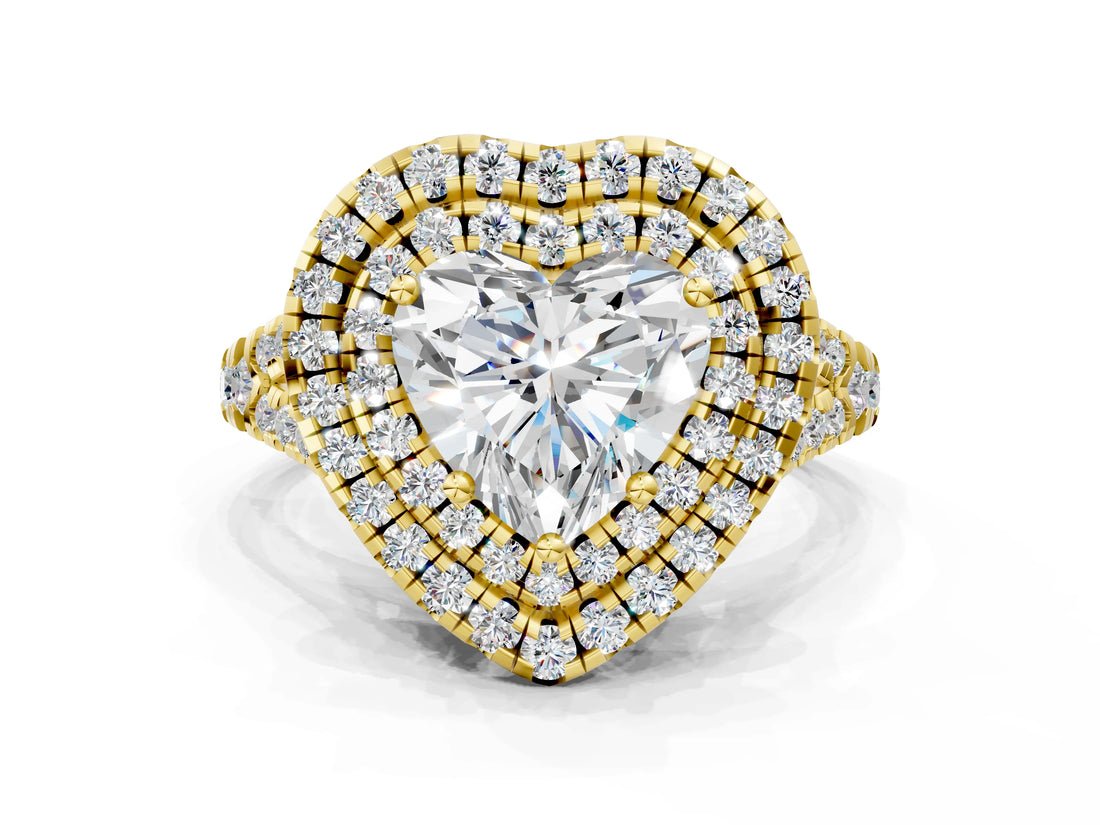 Yellow gold Double Halo Heart Cut Pave Split Shank Prong Set Ring_15