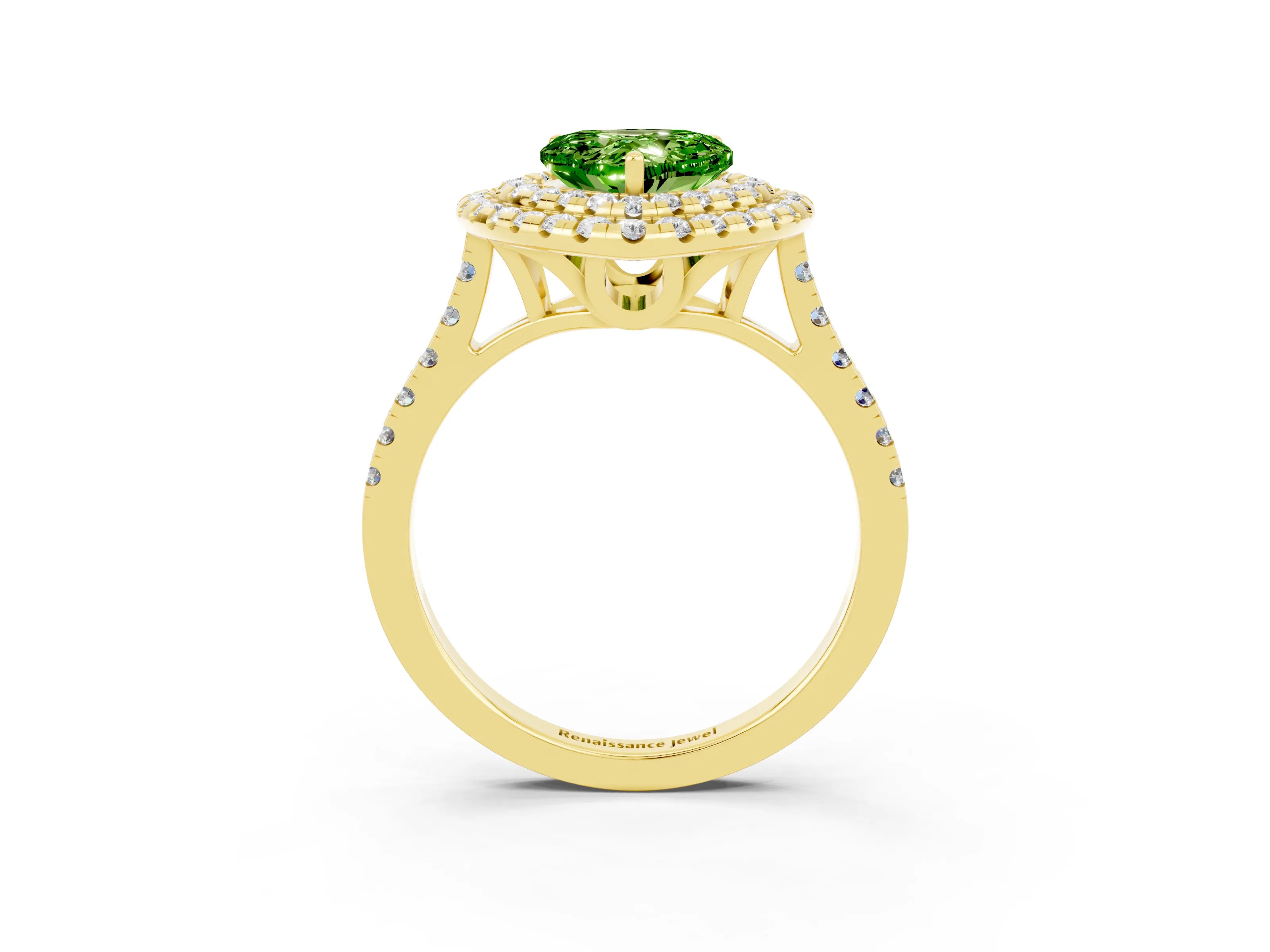 Yellow gold Double Halo Heart Cut Peridot Pavé Band with Four-Prong Setting_3