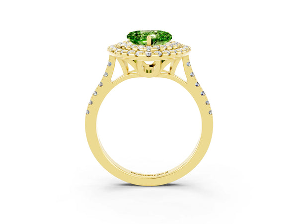 Yellow gold Double Halo Heart Cut Peridot Pavé Band with Four-Prong Setting