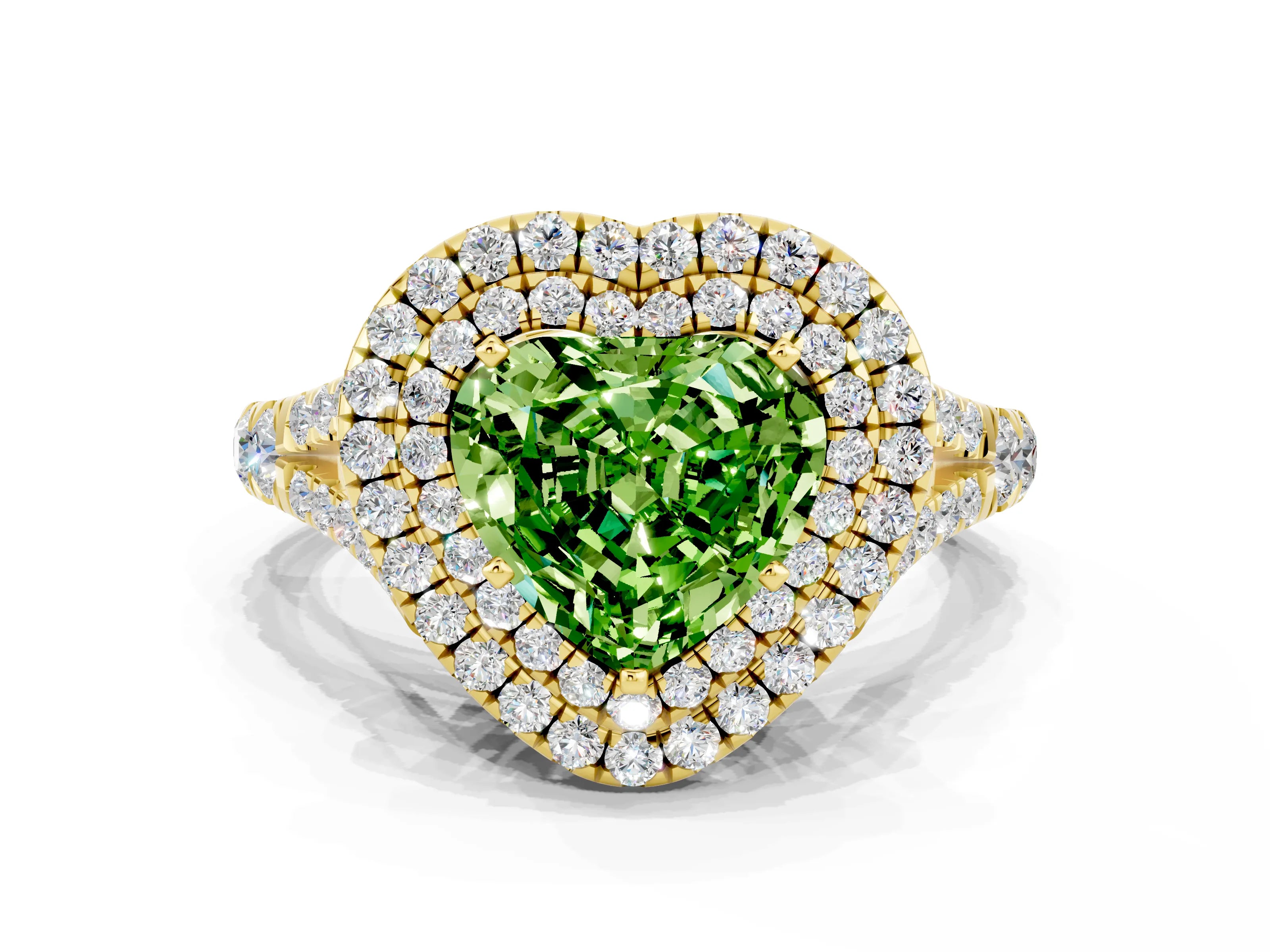 Yellow gold Double Halo Heart Cut Peridot Pavé Split Shank Ring with Prong Setting