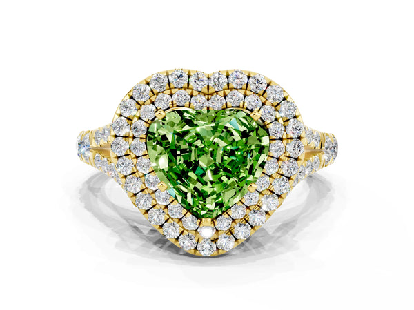 Yellow gold Double Halo Heart Cut Peridot Pavé Split Shank Ring with Prong Setting