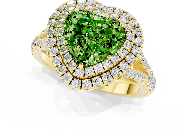 Yellow gold Double Halo Heart Cut Peridot Pavé Split Shank Ring with Prong Setting