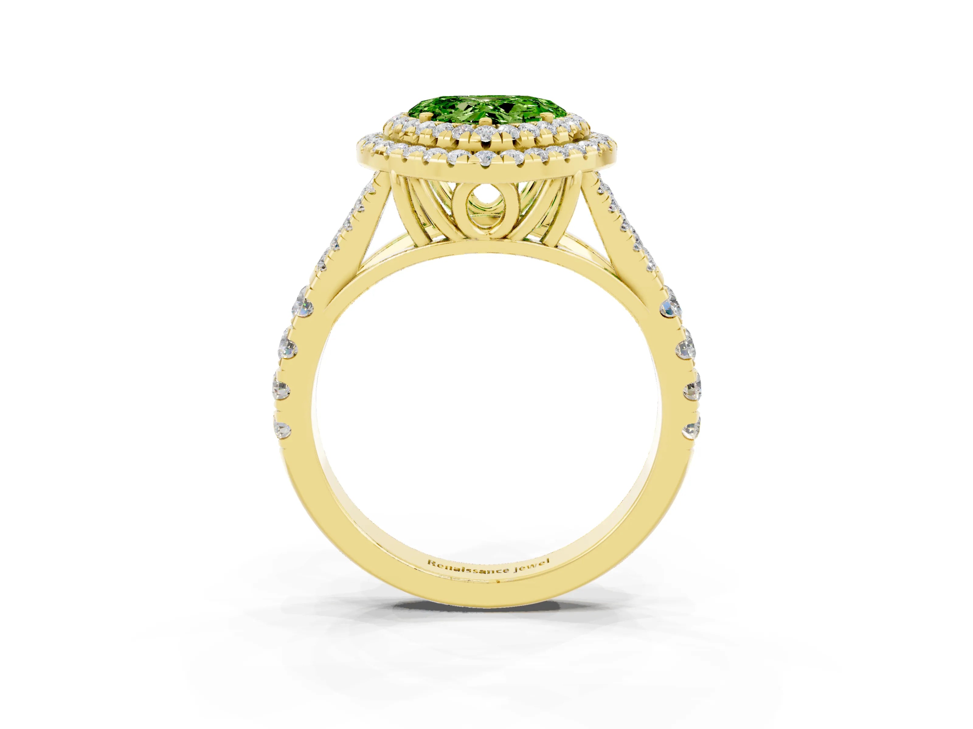 Yellow gold Double Halo Heart Cut Peridot Pavé Split Shank Ring with Prong Setting_3