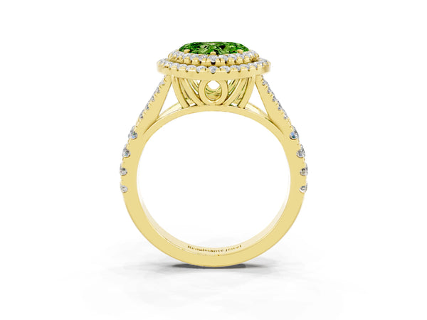 Yellow gold Double Halo Heart Cut Peridot Pavé Split Shank Ring with Prong Setting