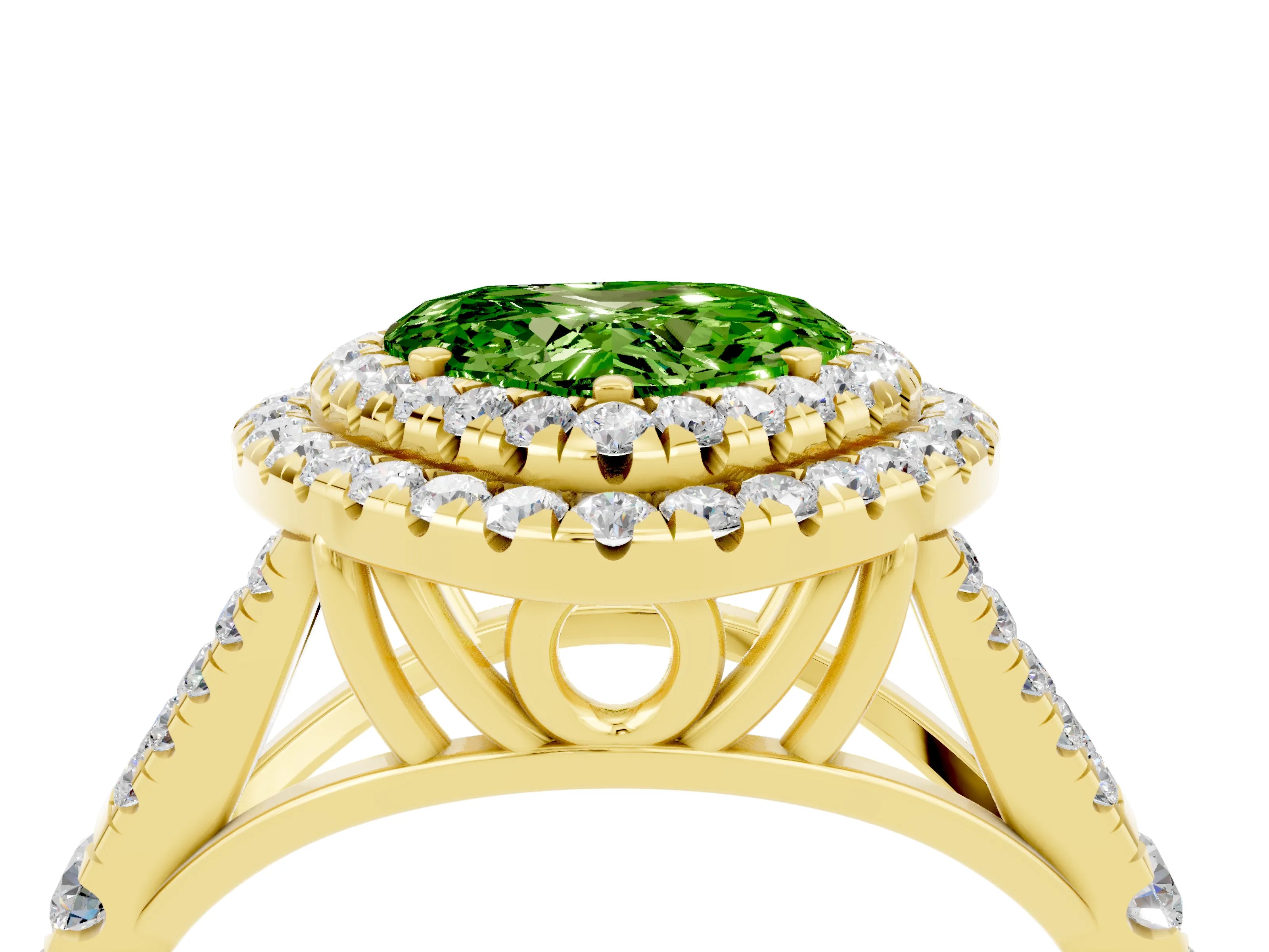 Yellow gold Double Halo Heart Cut Peridot Pavé Split Shank Ring with Prong Setting_4