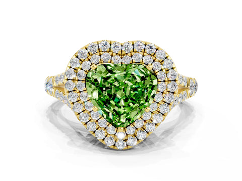 Yellow gold Double Halo Heart Cut Peridot Pavé Split Shank Ring with Prong Setting