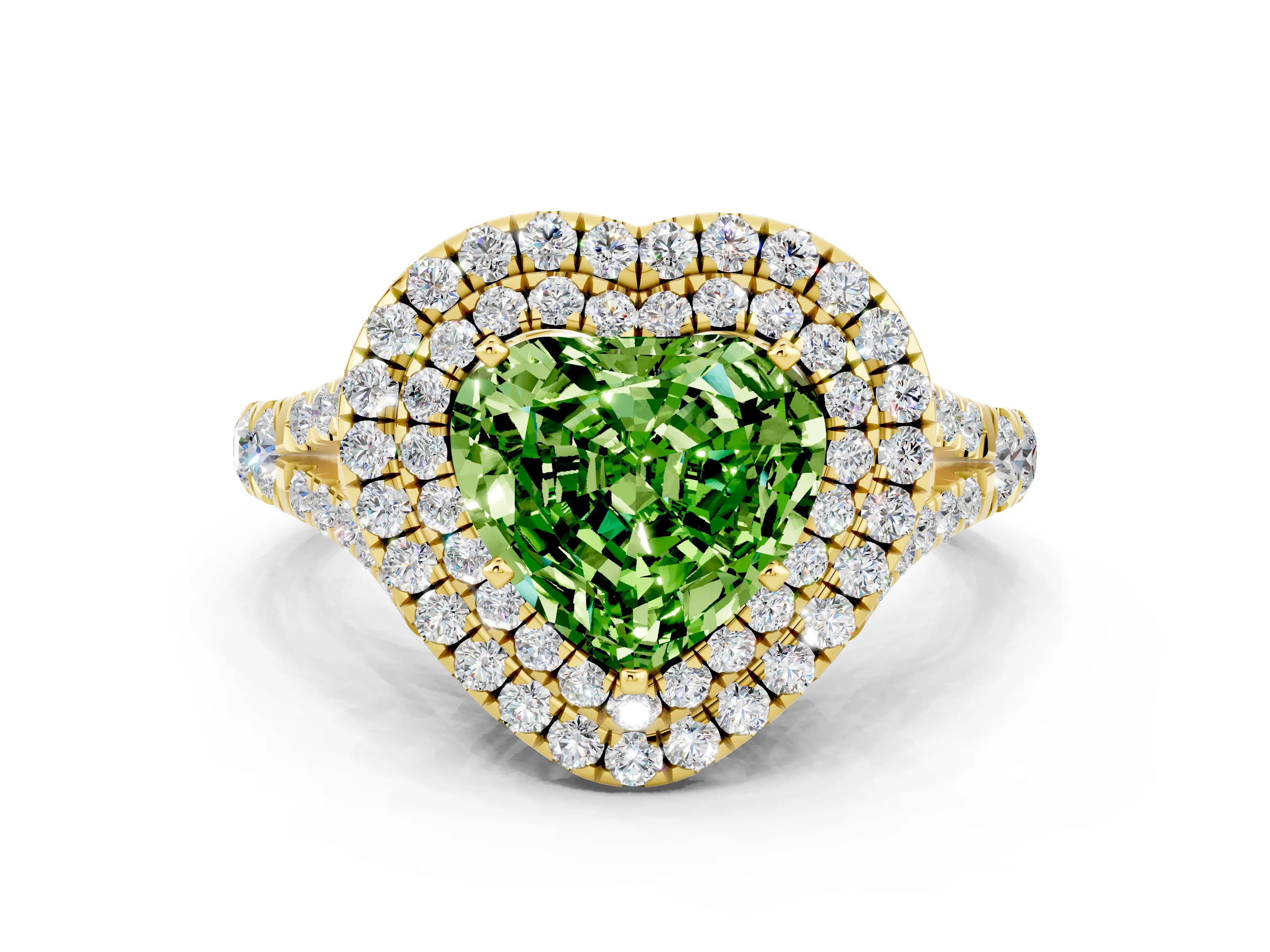 Yellow gold Double Halo Heart Cut Peridot Split Shank Engagement Ring with Four-Prong Setting