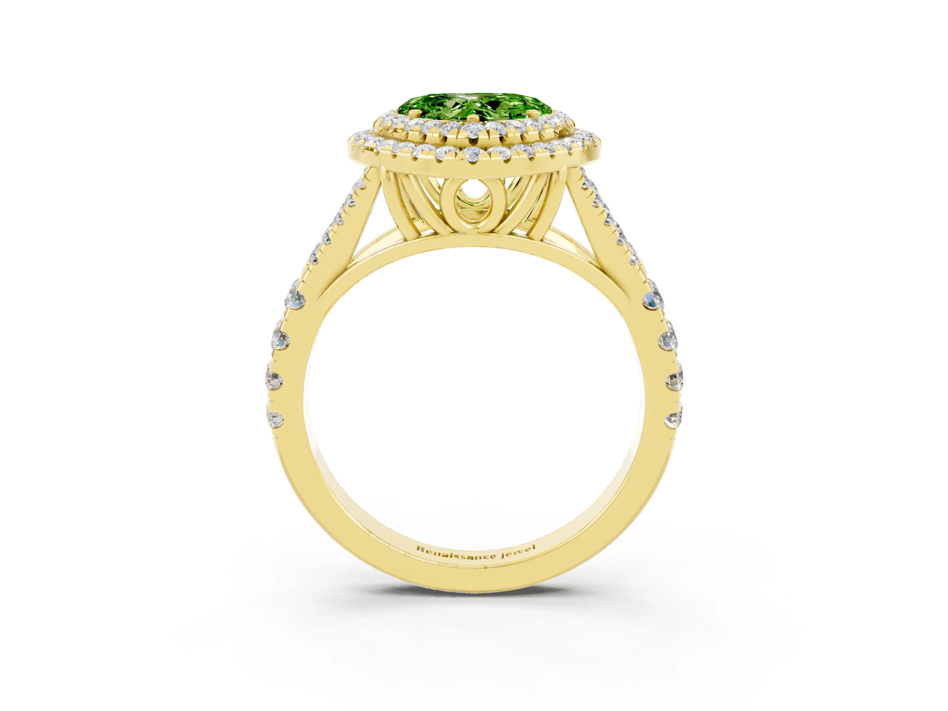 Yellow gold Double Halo Heart Cut Peridot Split Shank Engagement Ring with Four-Prong Setting_3