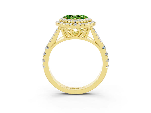 Yellow gold Double Halo Heart Cut Peridot Split Shank Engagement Ring with Four-Prong Setting