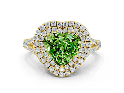 Yellow gold Double Halo Heart Cut Peridot Split Shank Engagement Ring with Four-Prong Setting