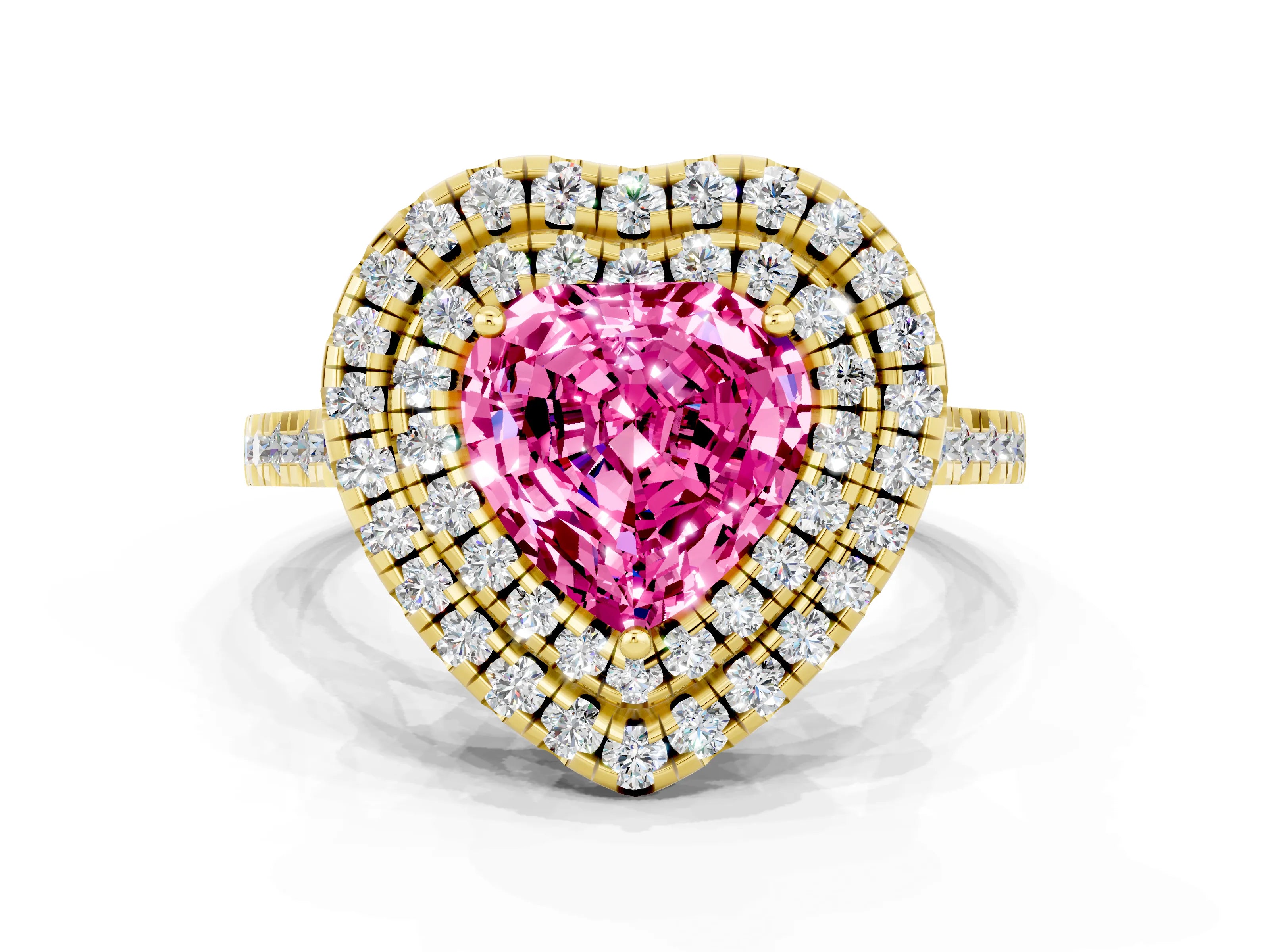 Yellow gold Double Halo Heart Cut Pink Sapphire Pavé Band with Four-Prong Setting_24