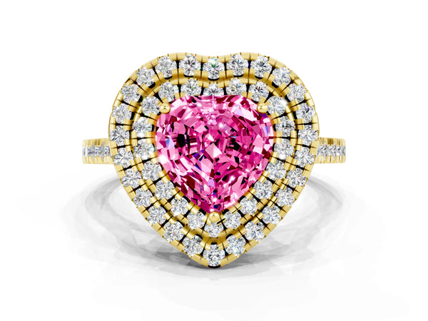 Yellow gold Double Halo Heart Cut Pink Sapphire Pavé Band with Four-Prong Setting
