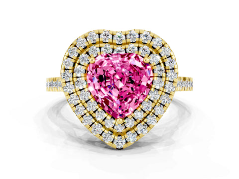 Yellow gold Double Halo Heart Cut Pink Sapphire Pavé Band with Four-Prong Setting_24