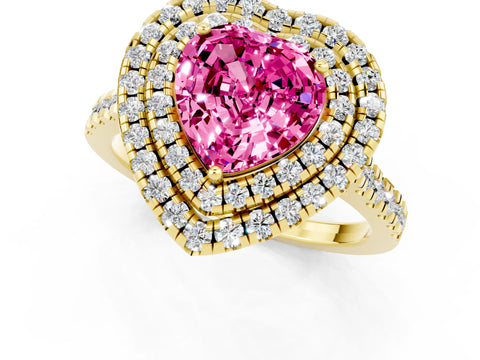 Yellow gold Double Halo Heart Cut Pink Sapphire Pavé Band with Four-Prong Setting_25