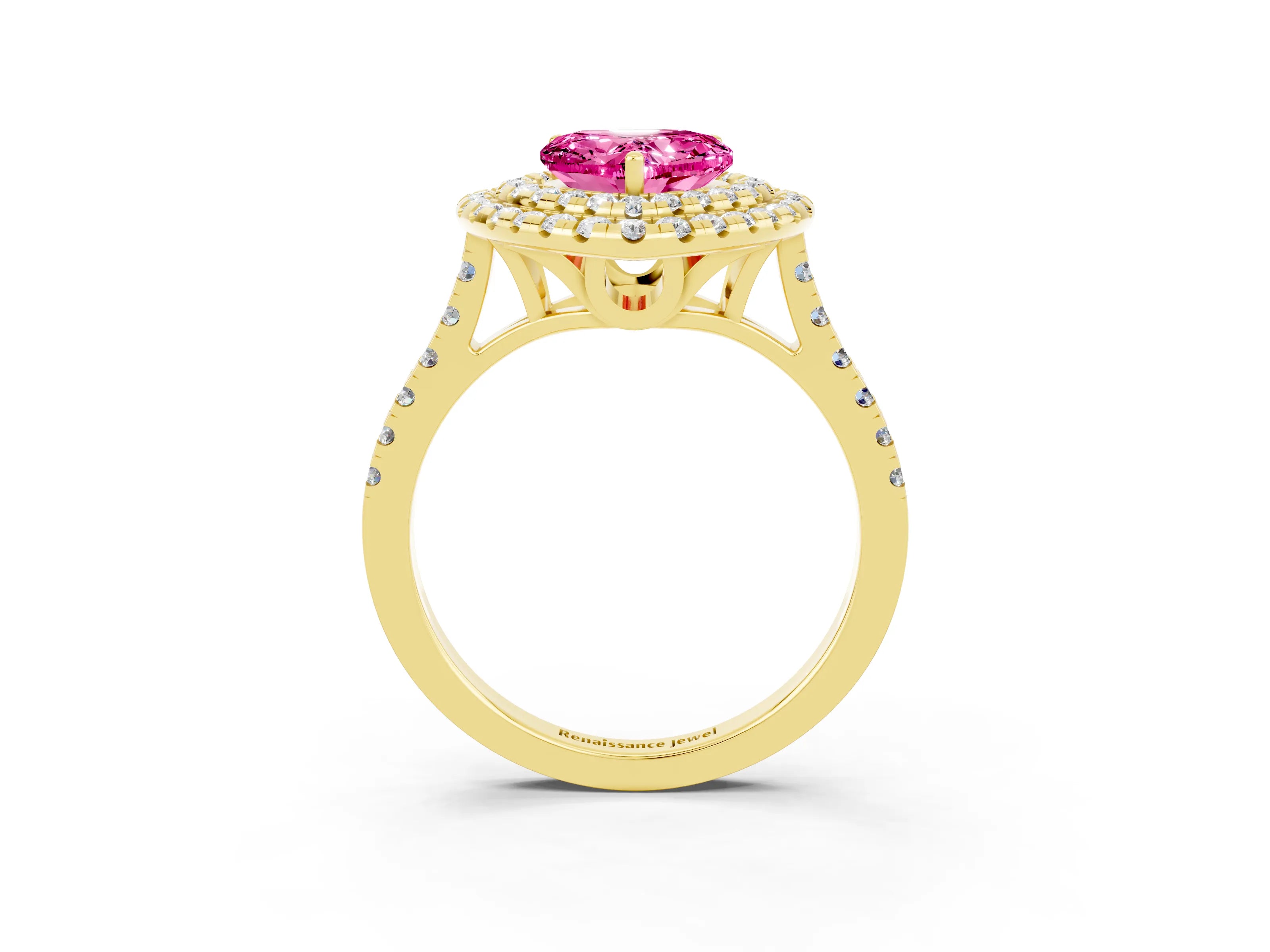 Yellow gold Double Halo Heart Cut Pink Sapphire Pavé Band with Four-Prong Setting_27