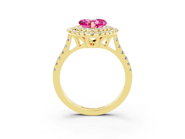 Yellow gold Double Halo Heart Cut Pink Sapphire Pavé Band with Four-Prong Setting