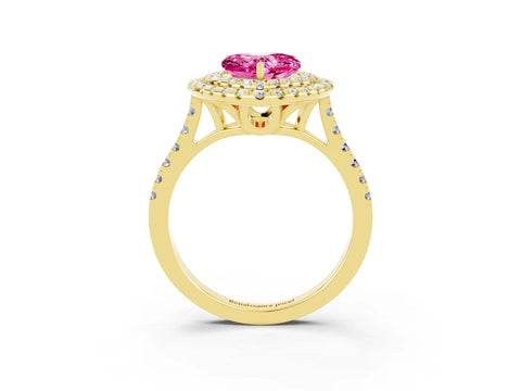Yellow gold Double Halo Heart Cut Pink Sapphire Pavé Band with Four-Prong Setting_27