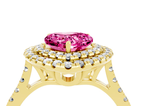 Yellow gold Double Halo Heart Cut Pink Sapphire Pavé Band with Four-Prong Setting_28