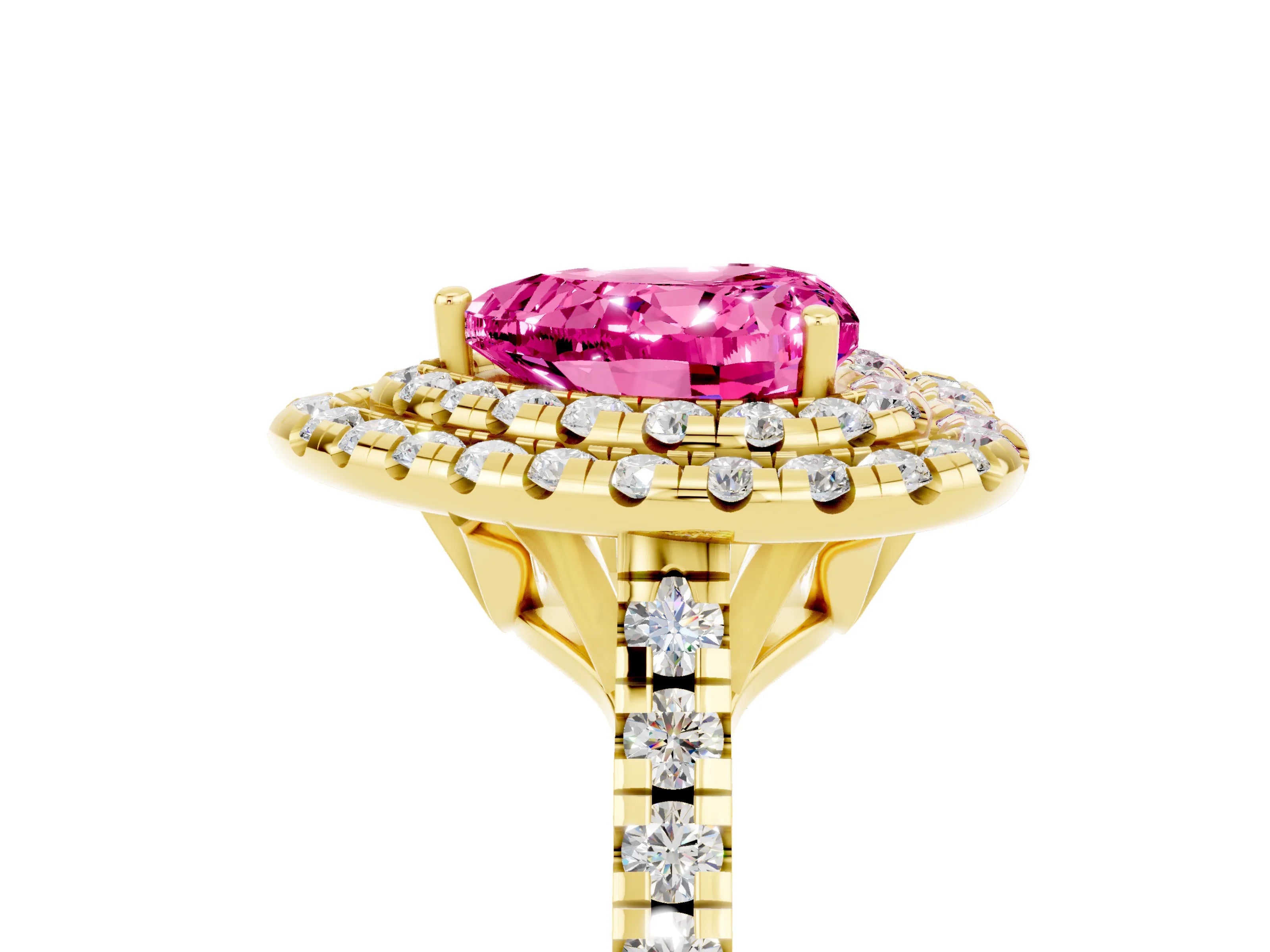 Yellow gold Double Halo Heart Cut Pink Sapphire Pavé Band with Four-Prong Setting_29