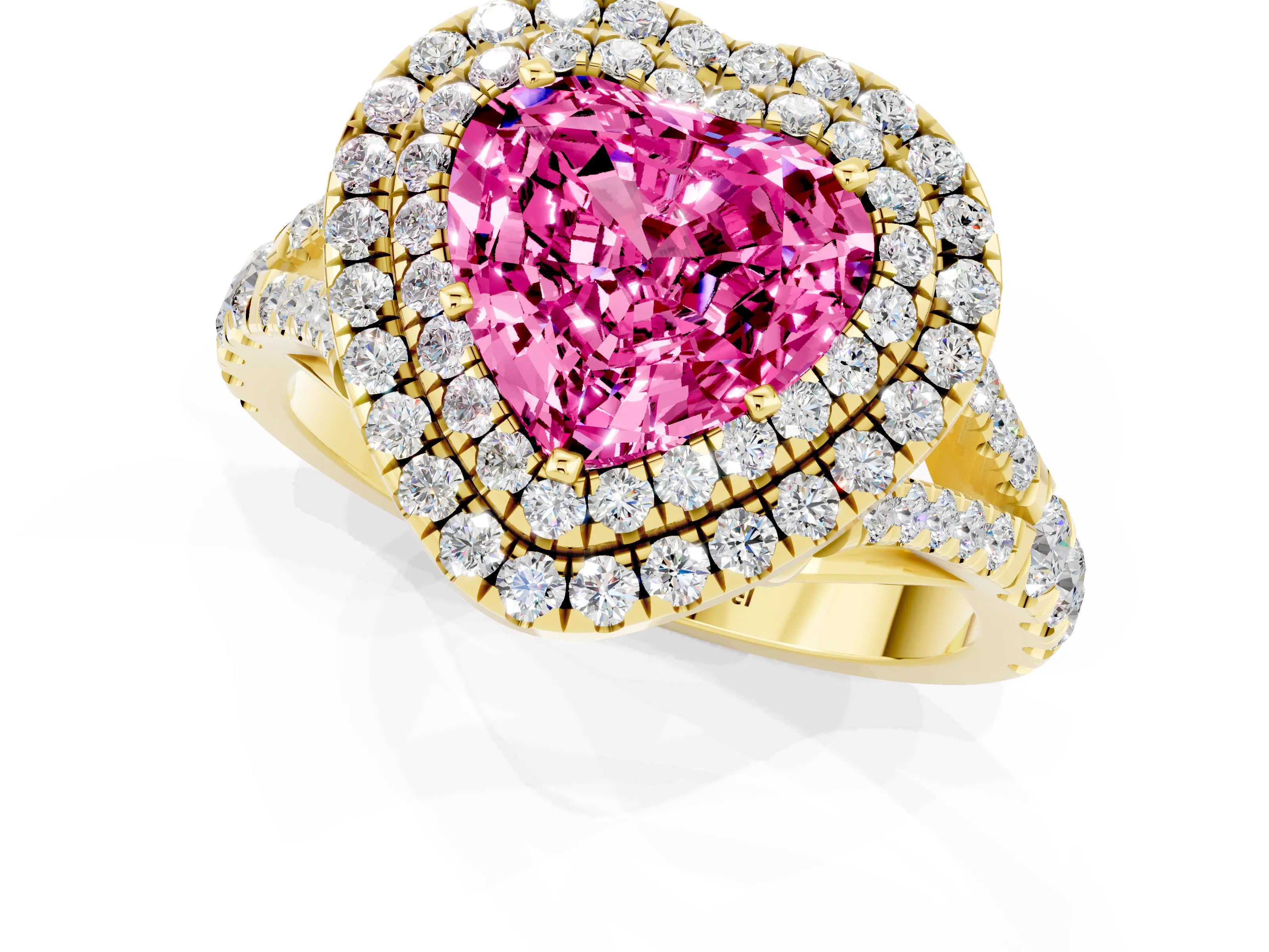 Yellow gold Double Halo Heart Cut Pink Sapphire Pavé Split Shank Ring with Prong Setting_1