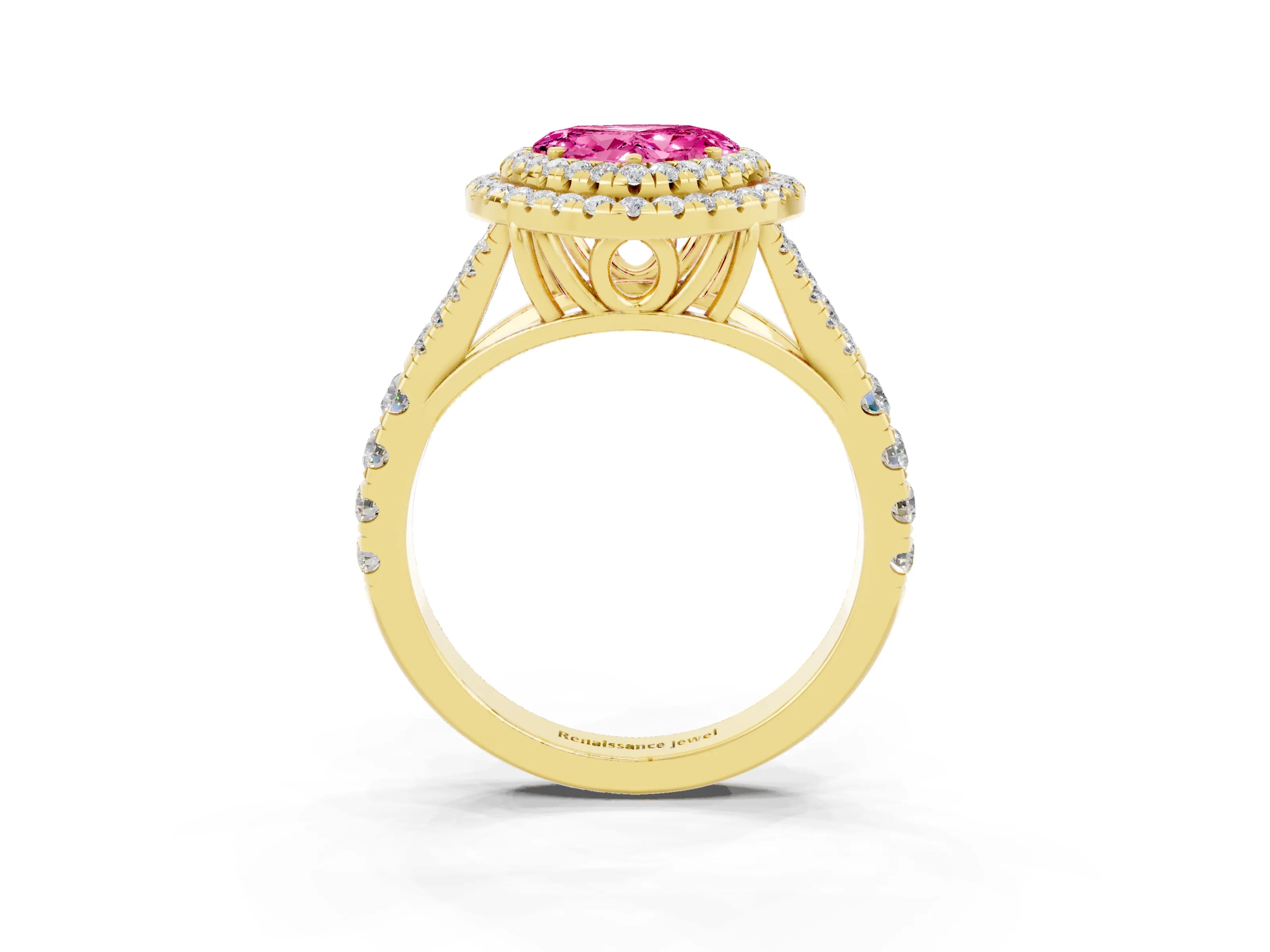 Yellow gold Double Halo Heart Cut Pink Sapphire Pavé Split Shank Ring with Prong Setting_3
