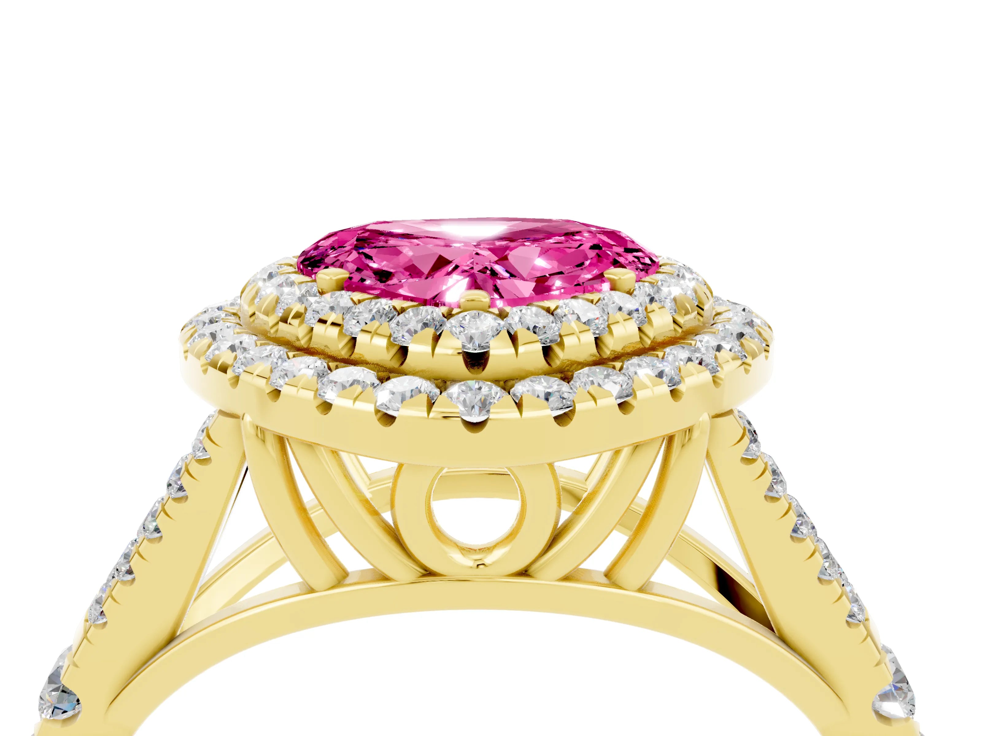 Yellow gold Double Halo Heart Cut Pink Sapphire Pavé Split Shank Ring with Prong Setting_4