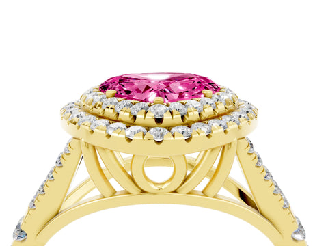 Yellow gold Double Halo Heart Cut Pink Sapphire Pavé Split Shank Ring with Prong Setting_4