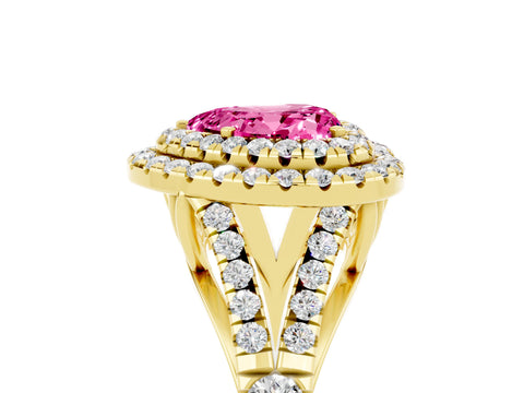 Yellow gold Double Halo Heart Cut Pink Sapphire Pavé Split Shank Ring with Prong Setting_5