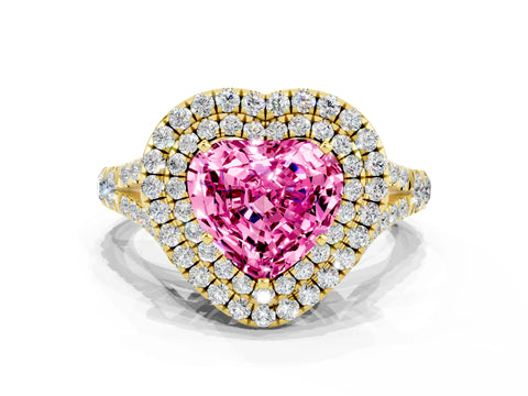 Yellow gold Double Halo Heart Cut Pink Sapphire Pavé Split Shank Ring with Prong Setting