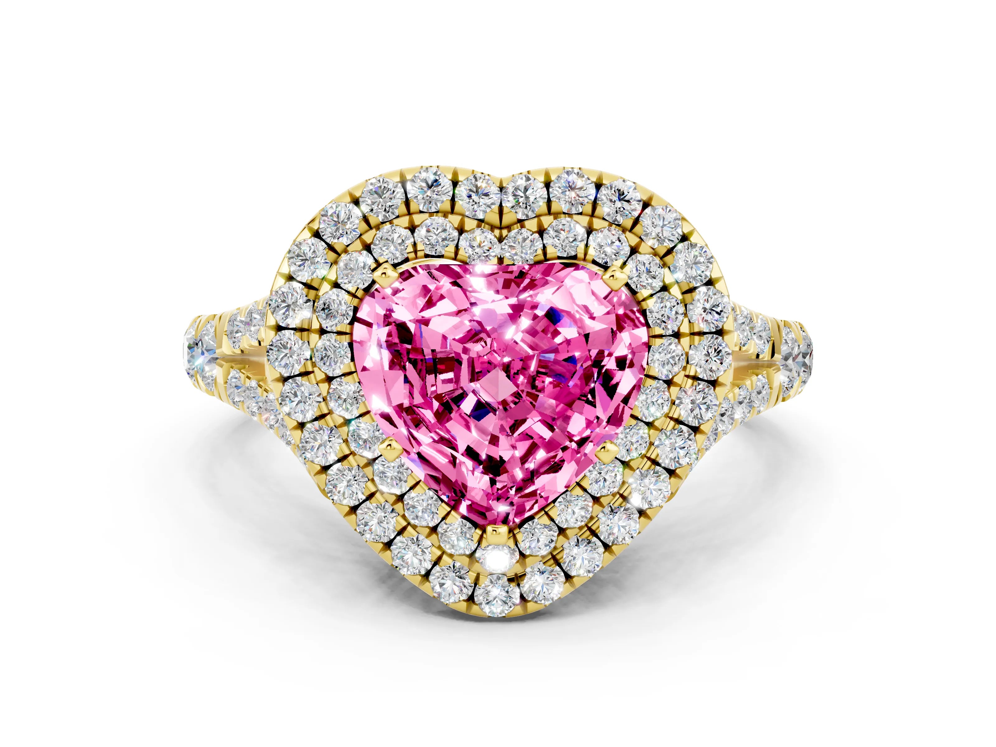 Yellow gold Double Halo Heart Cut Pink Sapphire Split Shank Engagement Ring with Four-Prong Setting