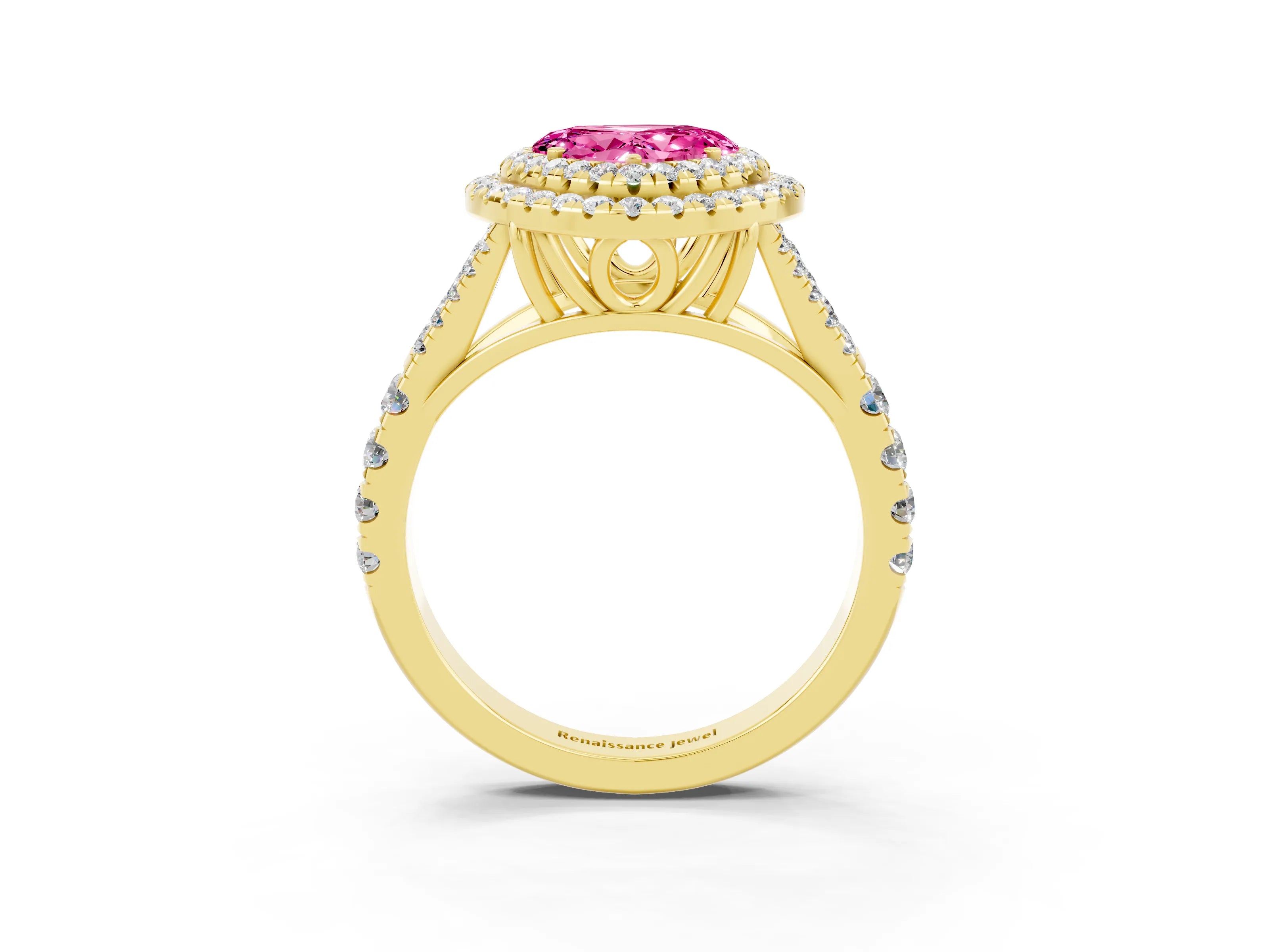 Yellow gold Double Halo Heart Cut Pink Sapphire Split Shank Engagement Ring with Four-Prong Setting_3