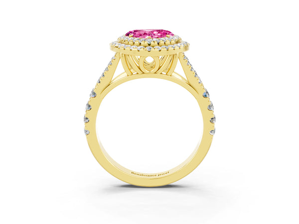 Yellow gold Double Halo Heart Cut Pink Sapphire Split Shank Engagement Ring with Four-Prong Setting