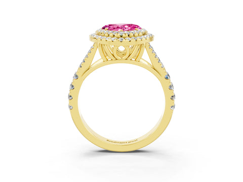 Yellow gold Double Halo Heart Cut Pink Sapphire Split Shank Engagement Ring with Four-Prong Setting_3