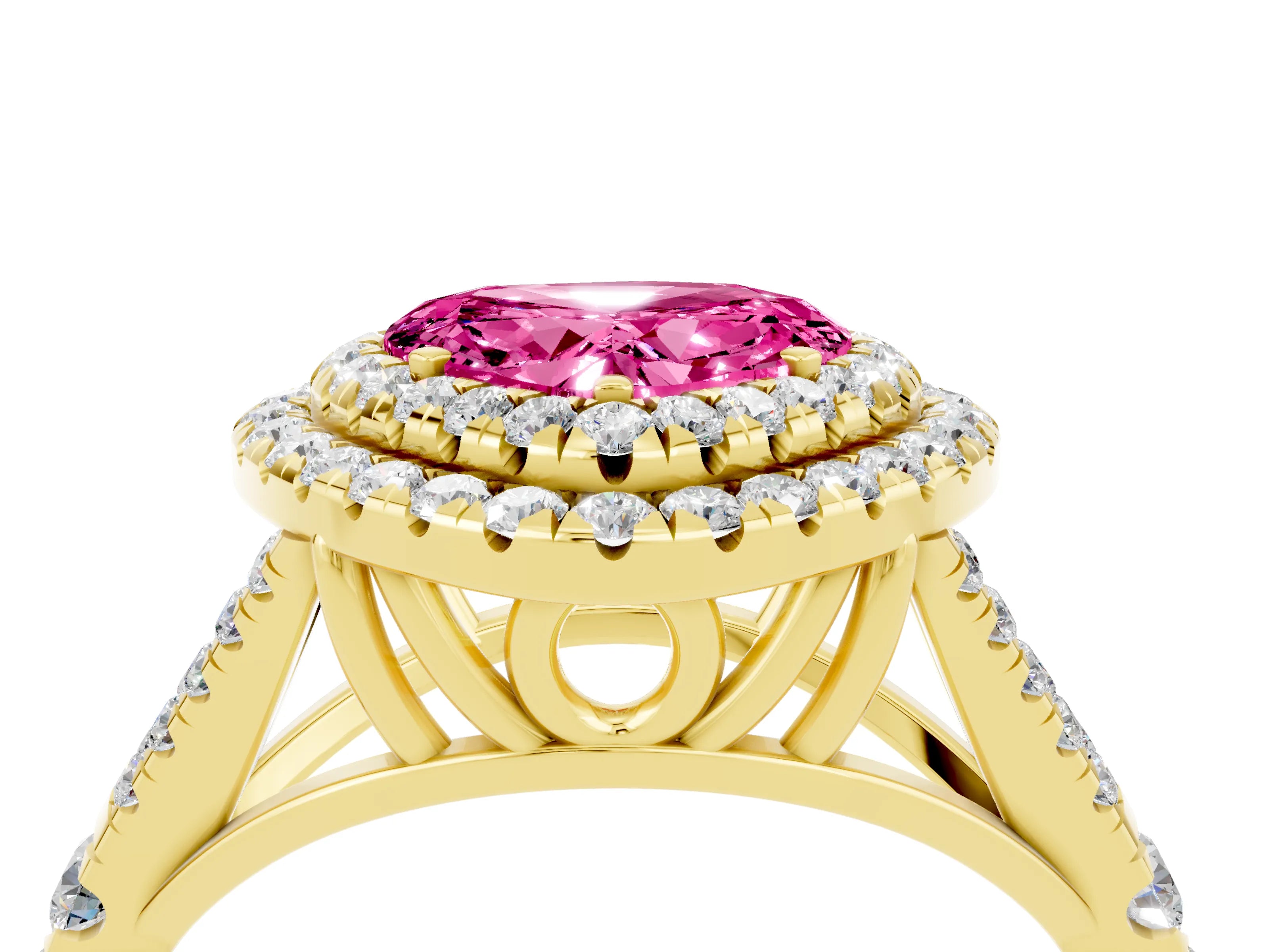 Yellow gold Double Halo Heart Cut Pink Sapphire Split Shank Engagement Ring with Four-Prong Setting_4