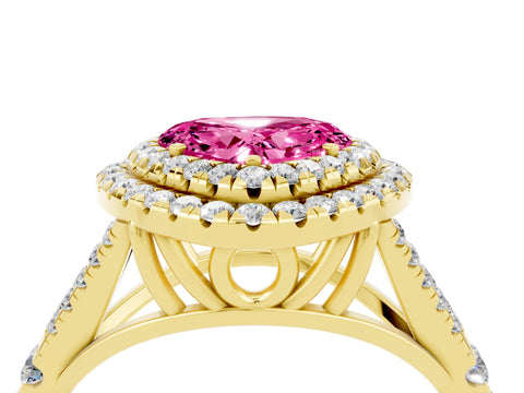Yellow gold Double Halo Heart Cut Pink Sapphire Split Shank Engagement Ring with Four-Prong Setting_4