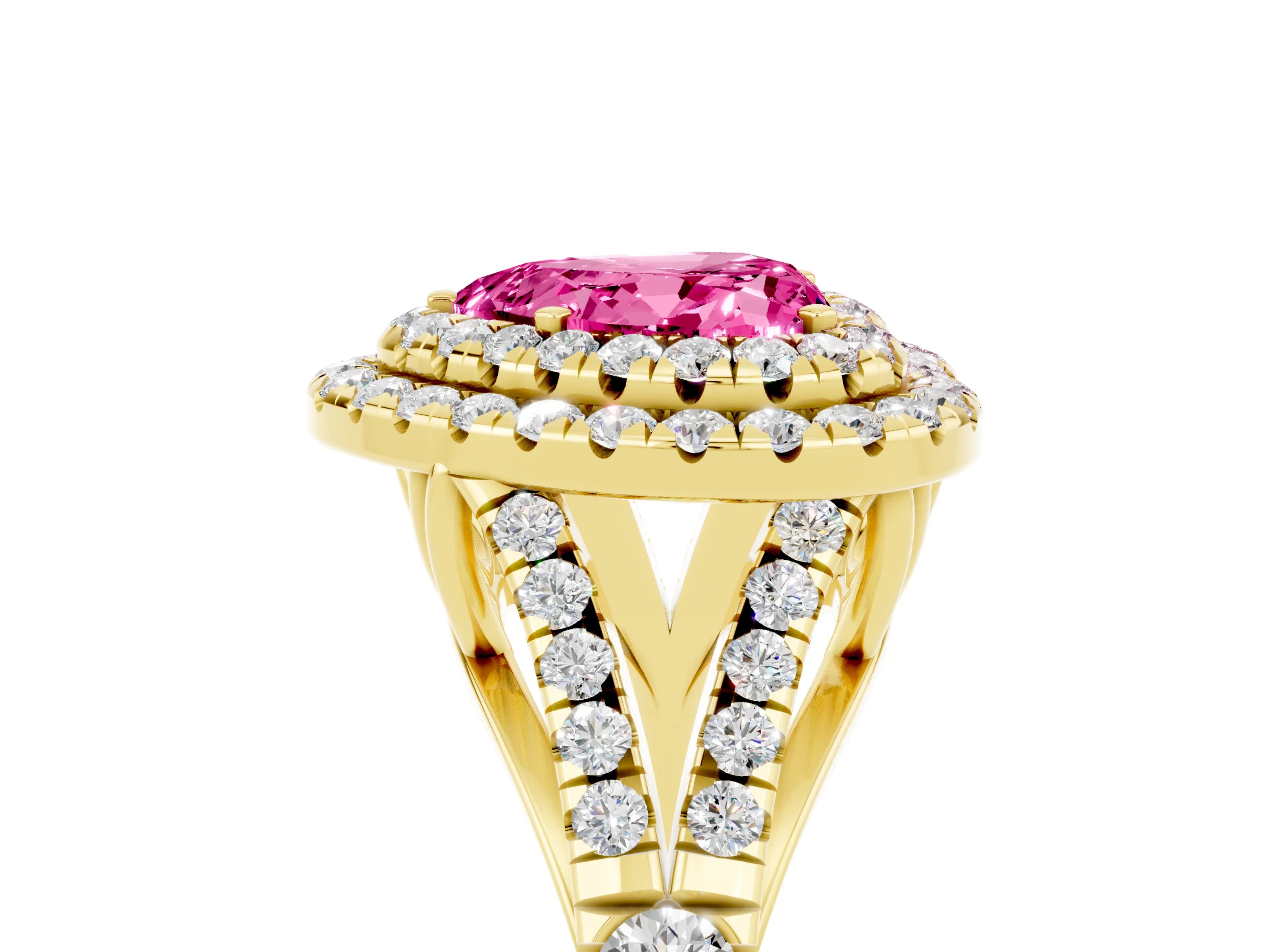 Yellow gold Double Halo Heart Cut Pink Sapphire Split Shank Engagement Ring with Four-Prong Setting_5