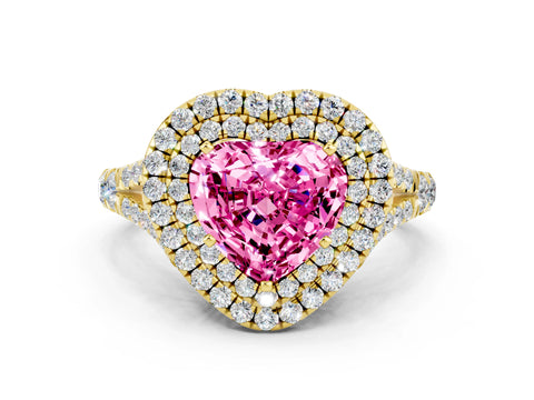 Yellow gold Double Halo Heart Cut Pink Sapphire Split Shank Engagement Ring with Four-Prong Setting
