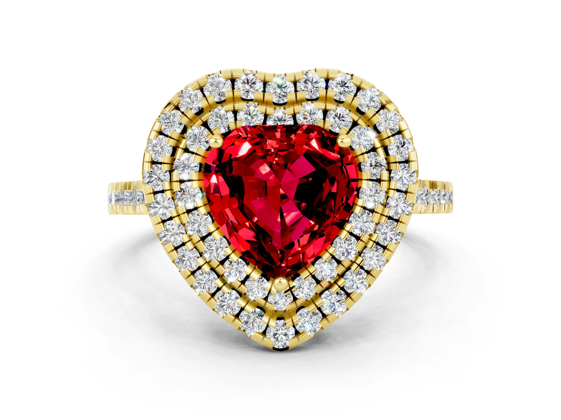 Yellow gold Double Halo Heart Cut Ruby Pavé Band with Four-Prong Setting