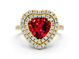 Yellow gold Double Halo Heart Cut Ruby Pavé Band with Four-Prong Setting