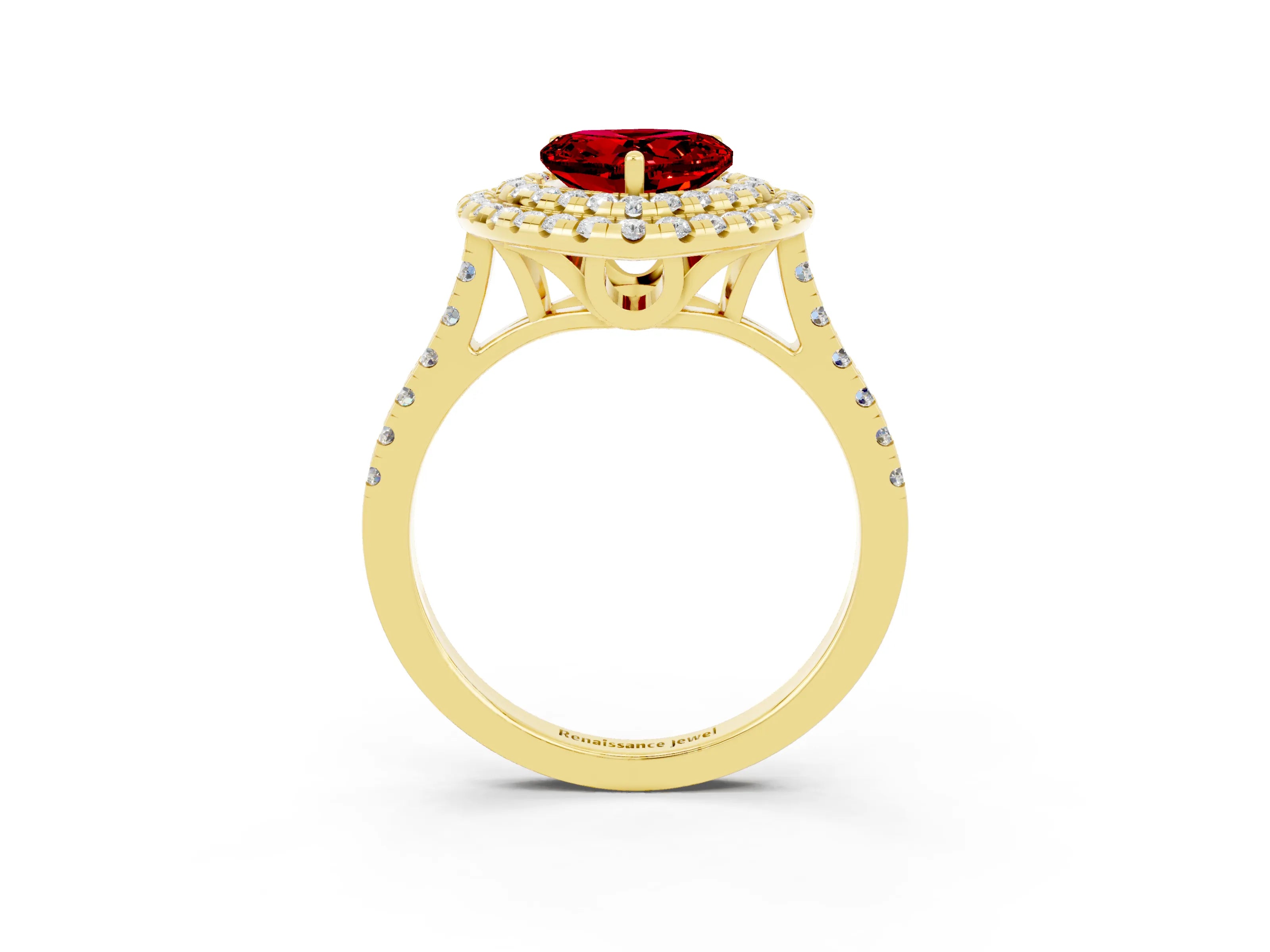 Yellow gold Double Halo Heart Cut Ruby Pavé Band with Four-Prong Setting_3