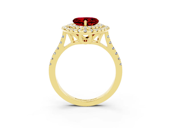 Yellow gold Double Halo Heart Cut Ruby Pavé Band with Four-Prong Setting