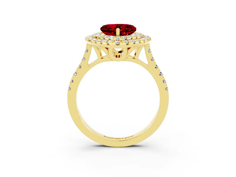 Yellow gold Double Halo Heart Cut Ruby Pavé Band with Four-Prong Setting_3