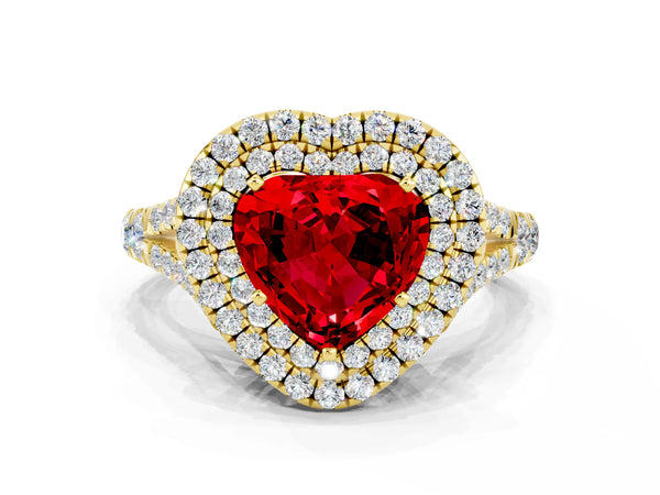 Yellow gold Double Halo Heart Cut Ruby Pavé Split Shank Ring with Prong Setting