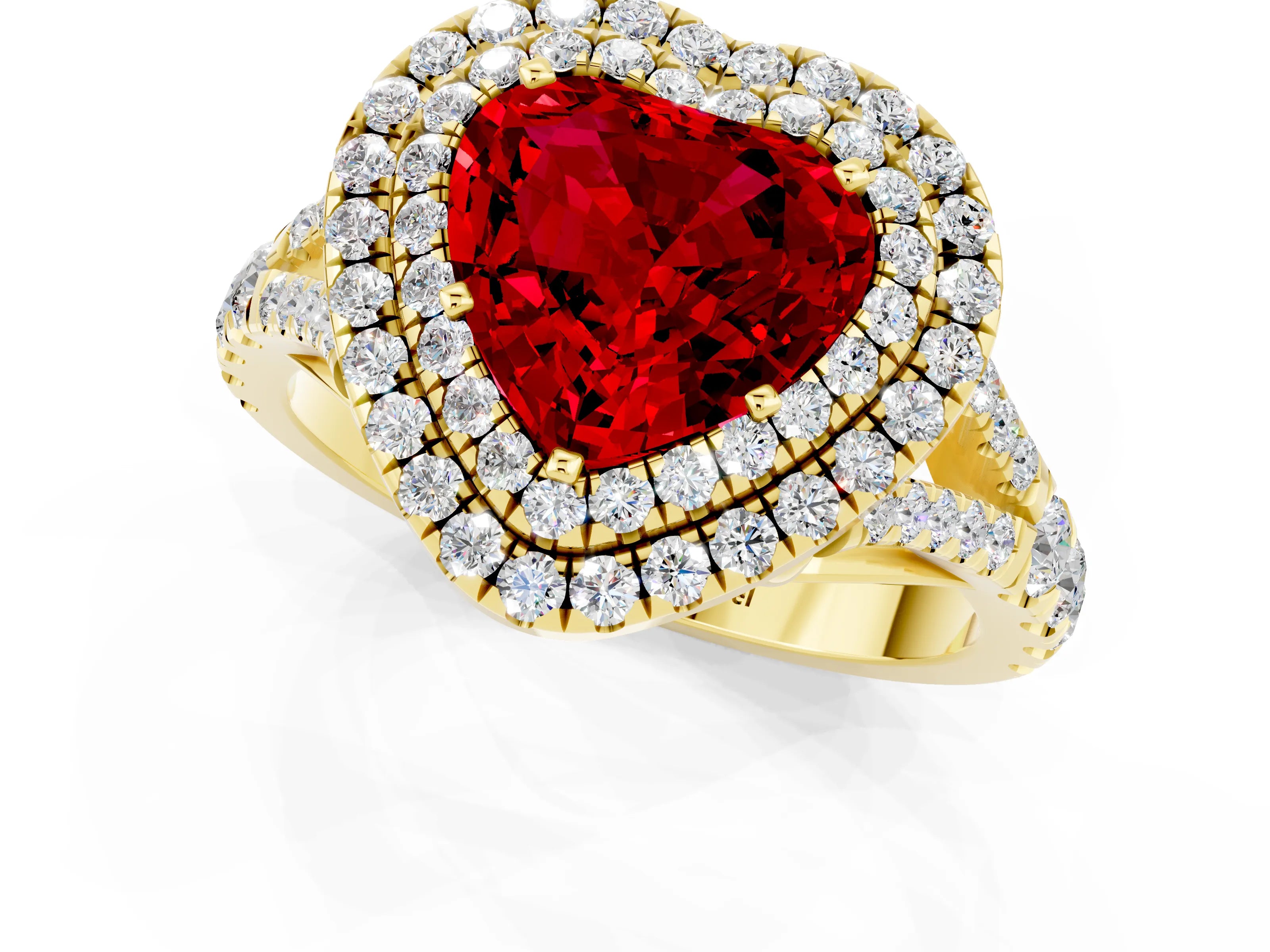 Yellow gold Double Halo Heart Cut Ruby Pavé Split Shank Ring with Prong Setting_1