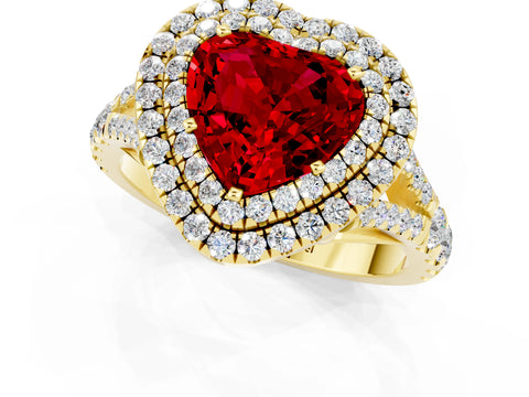 Yellow gold Double Halo Heart Cut Ruby Pavé Split Shank Ring with Prong Setting_1