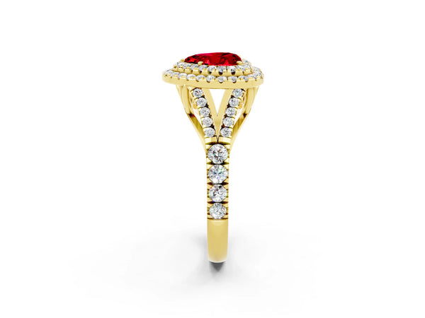 Yellow gold Double Halo Heart Cut Ruby Pavé Split Shank Ring with Prong Setting