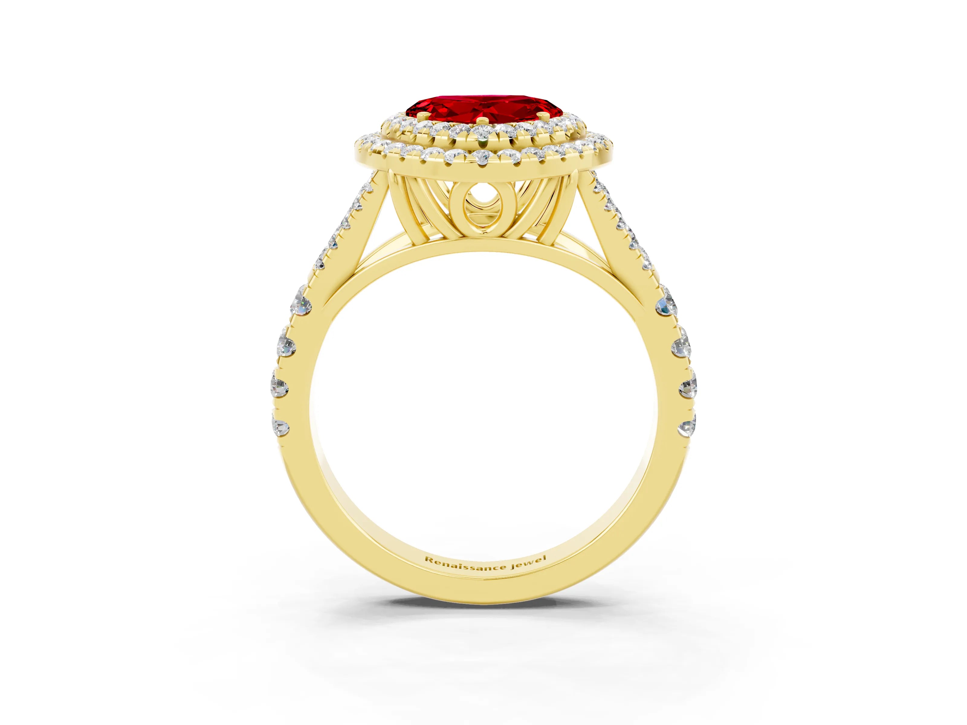Yellow gold Double Halo Heart Cut Ruby Pavé Split Shank Ring with Prong Setting_3
